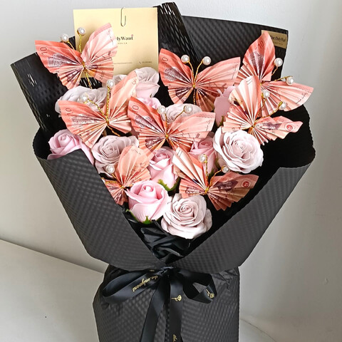 Cash butterfly w soap flower bouquet
